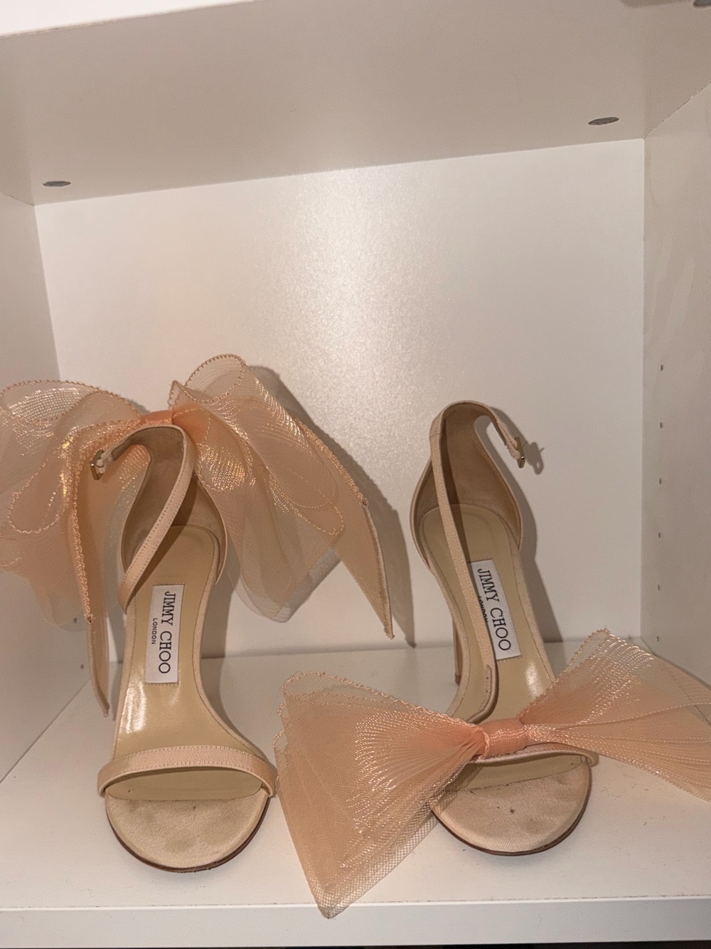 Jimmy Choo Peach Bow Satin Ankle-Strap Heels